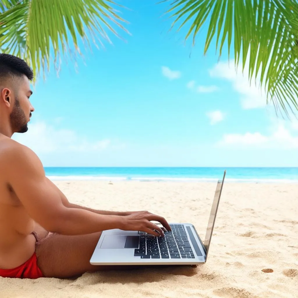 digital nomad working on beach