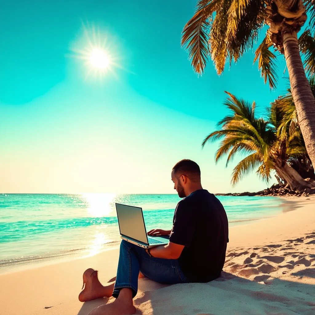 Digital Nomad Working on Beach