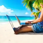 digital nomad working on beach