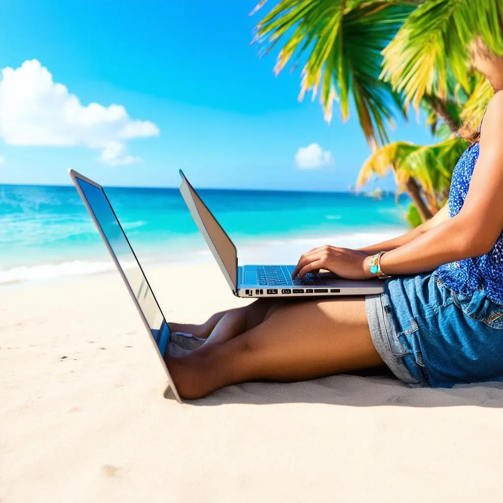 digital nomad working on beach