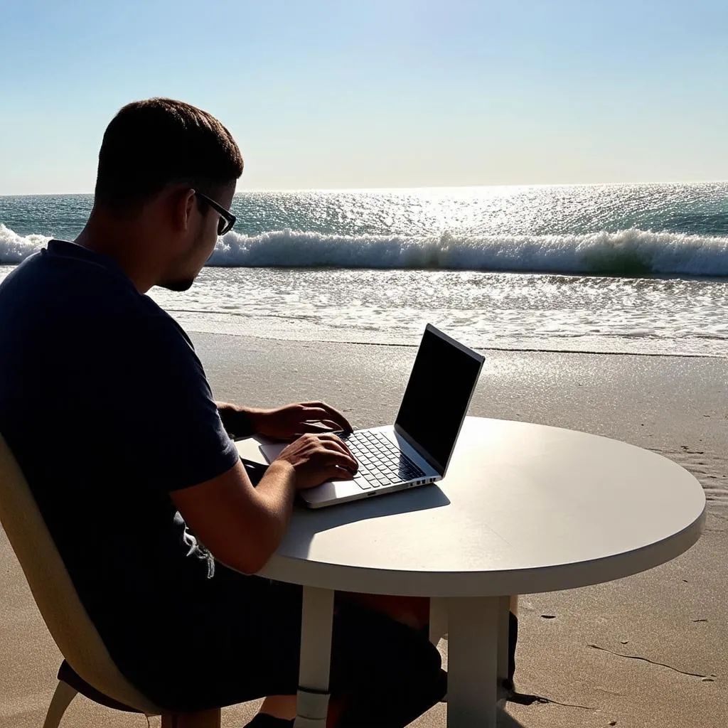 Digital Nomad Working on Beach