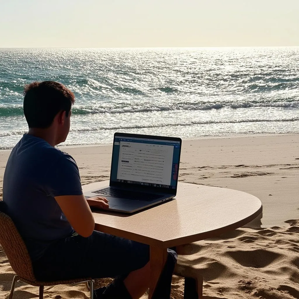 digital nomad working on the beach