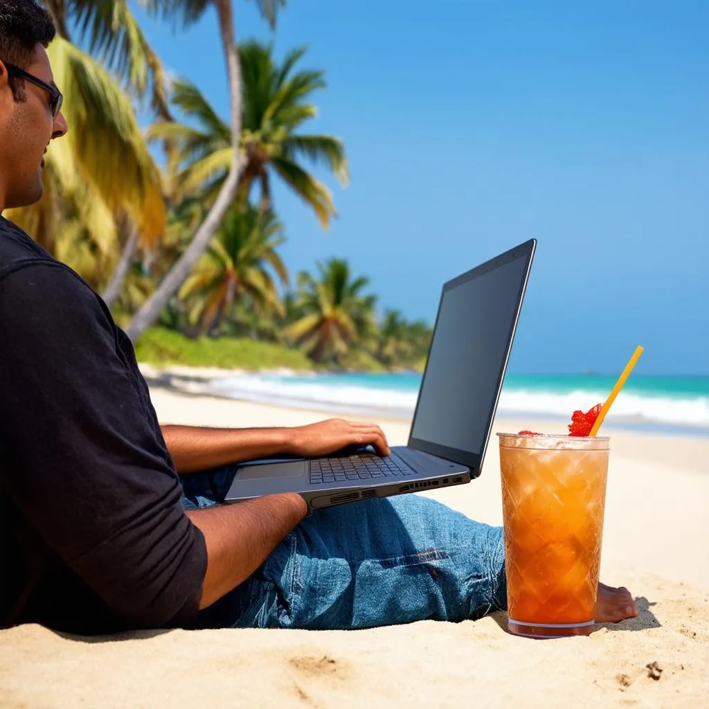 digital nomad working on beach