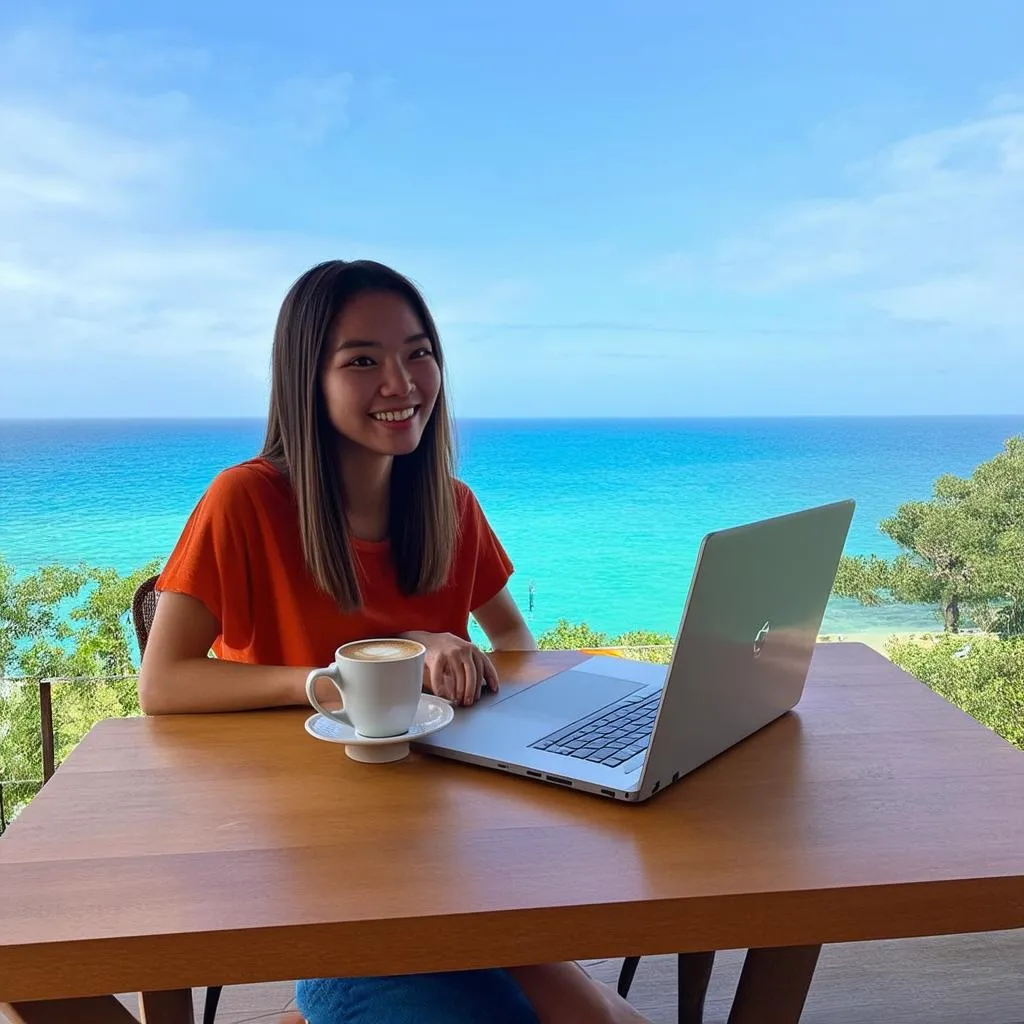 Digital nomad working on laptop with ocean view