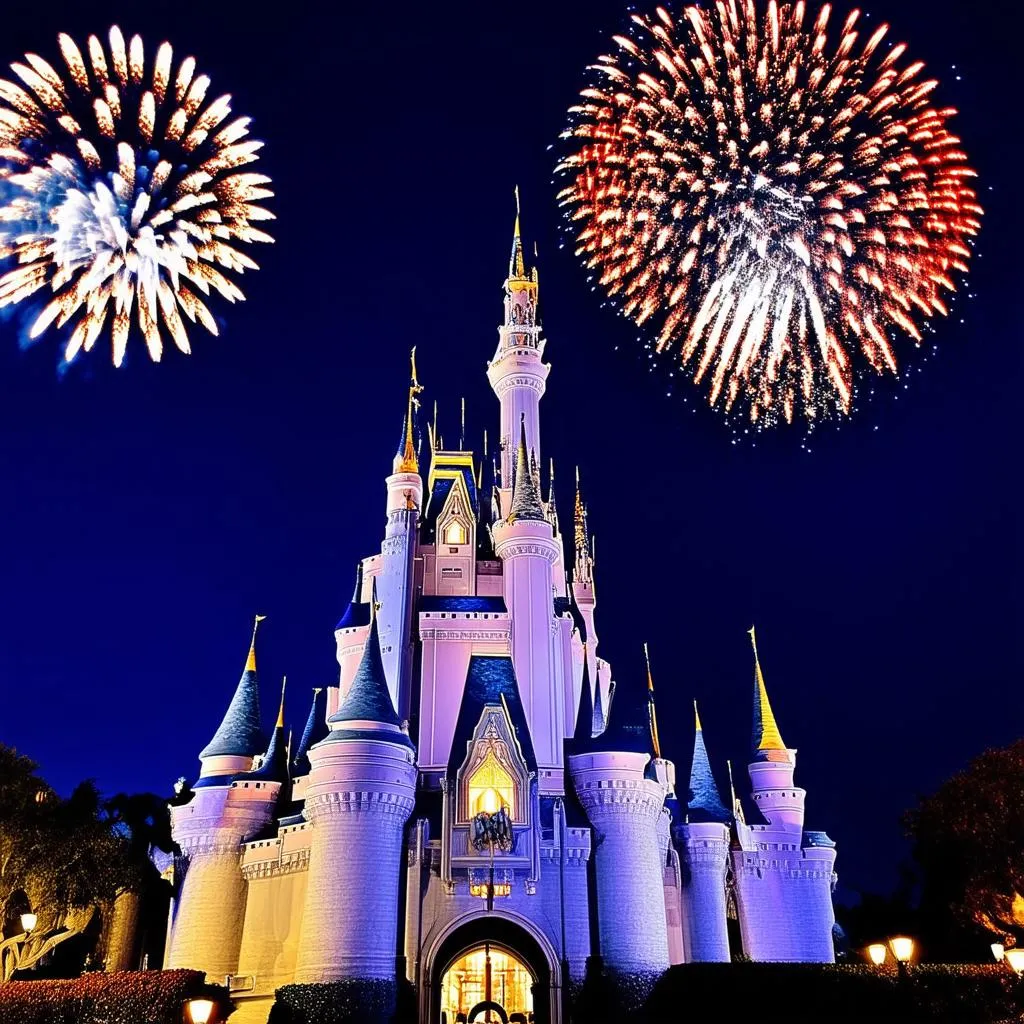 Cinderella's castle at Disney World with fireworks