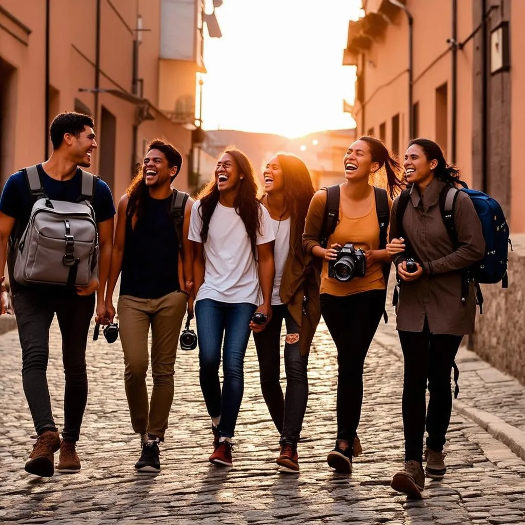 Group of diverse friends traveling