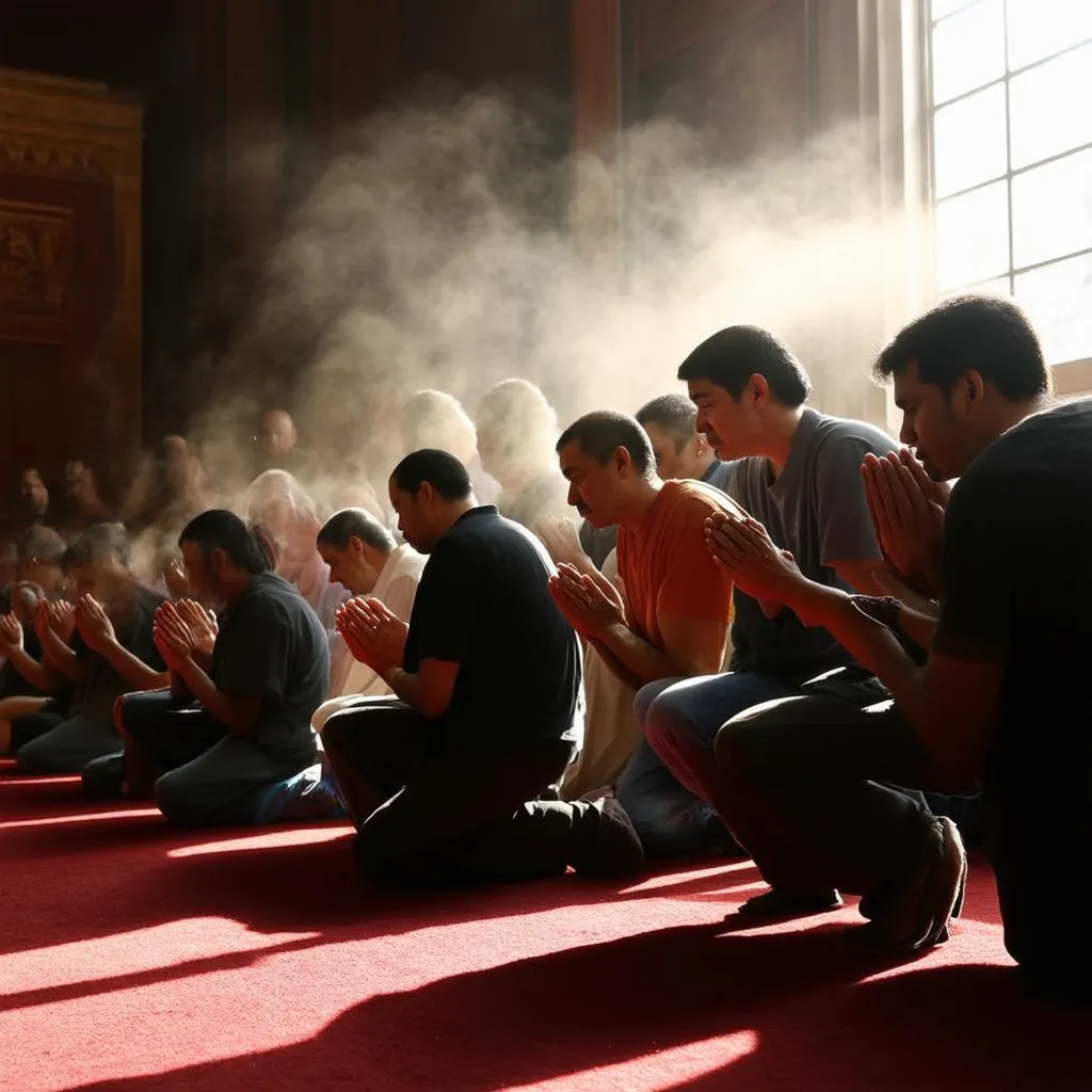 Diverse group of people praying together