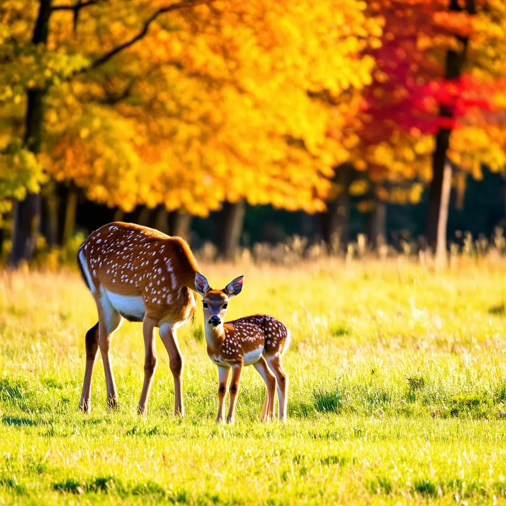 A doe and her fawn grazing peacefully in a meadow during the fall.