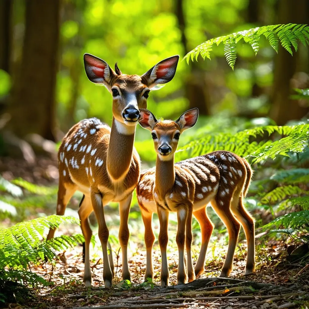 Doe and fawns in forest