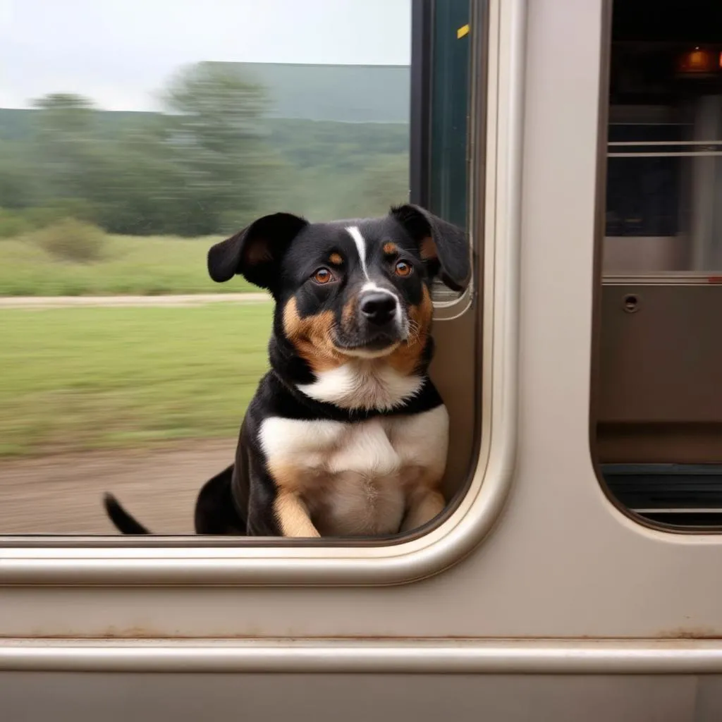 Dog looking out train window