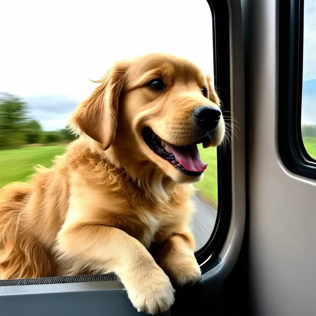 Dog looking out bus window