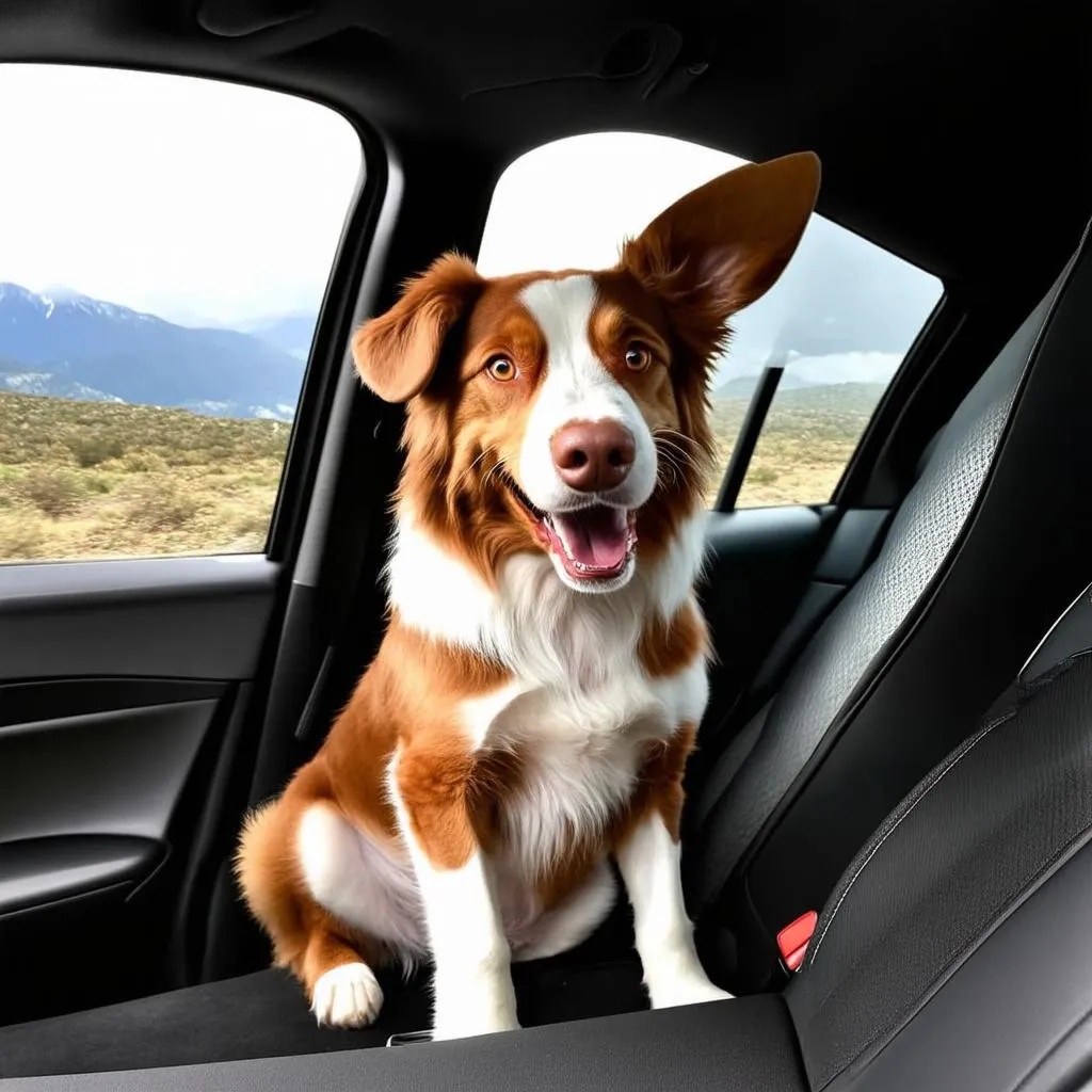 A dog looking excitedly out the window of a car