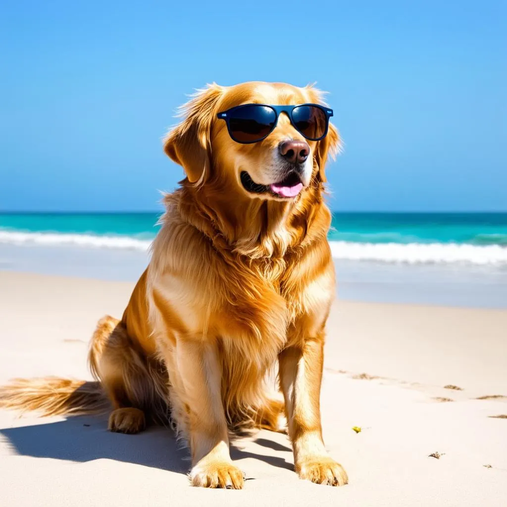 Dog on Beach with Sunglasses