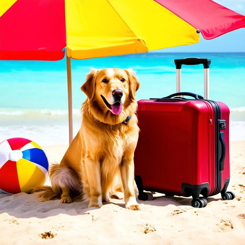 Dog On Beach With Suitcase