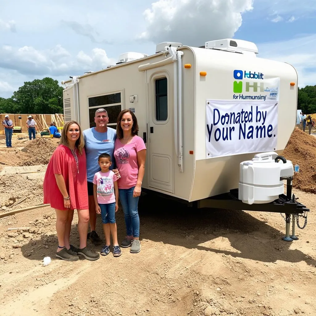 family standing in front of travel trailer