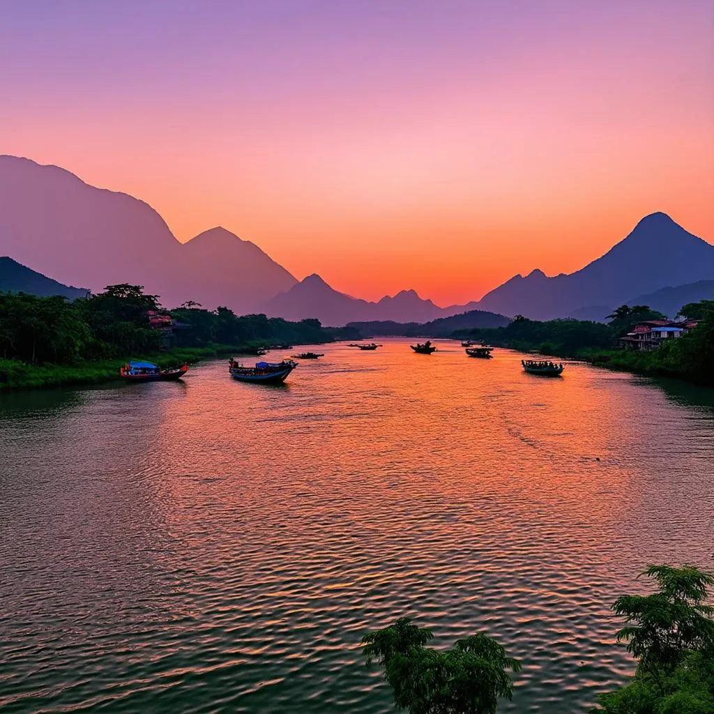 colorful sunset over river in vietnam