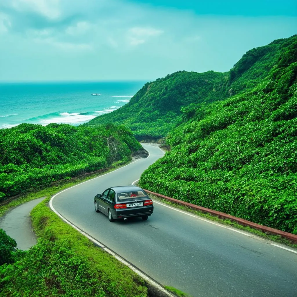 driving a car on a scenic road in vietnam