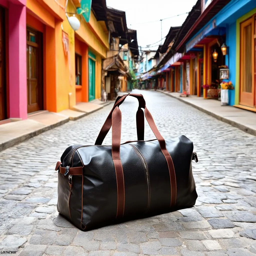 stylish duffel bag on cobblestone street