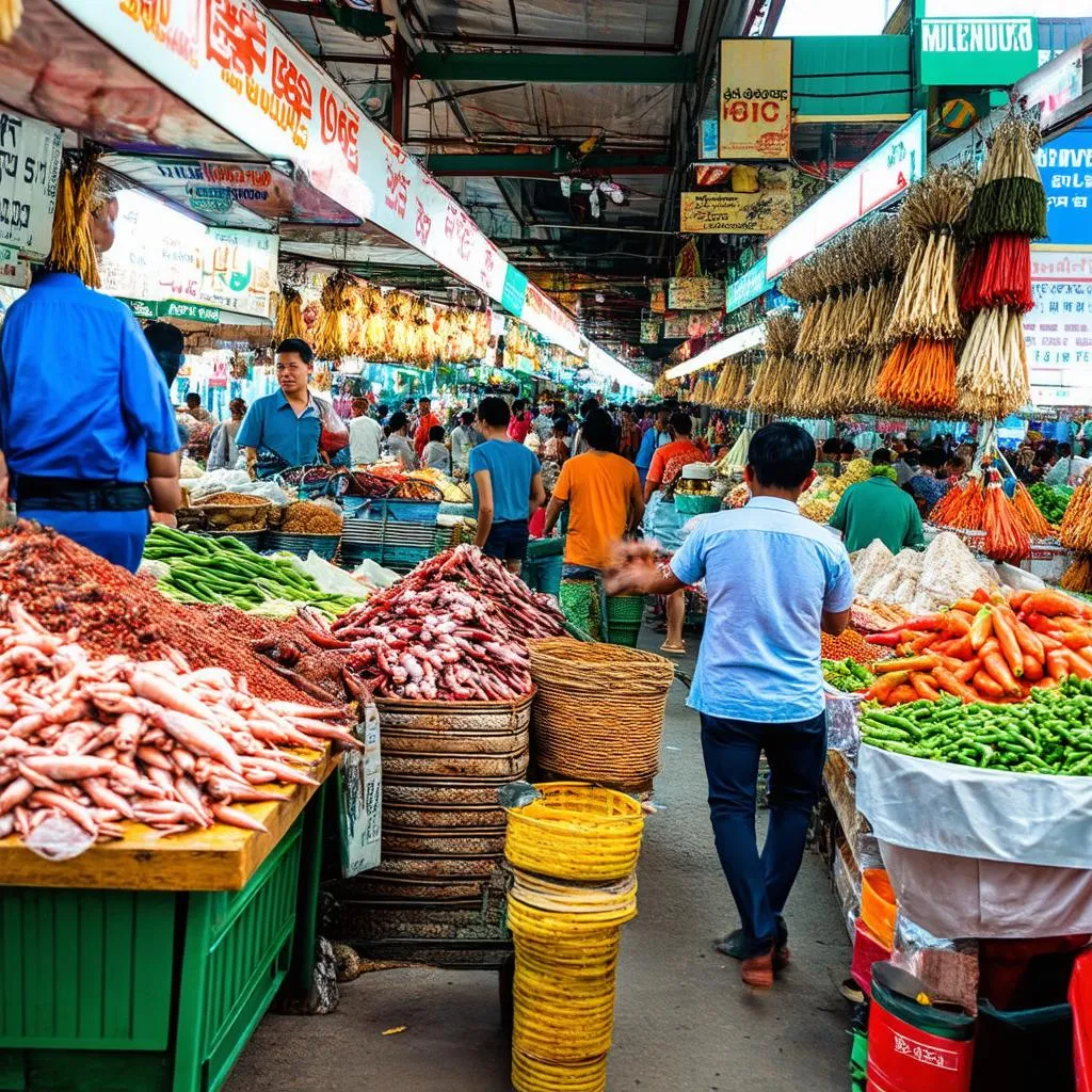 bustling market with colorful stalls and people