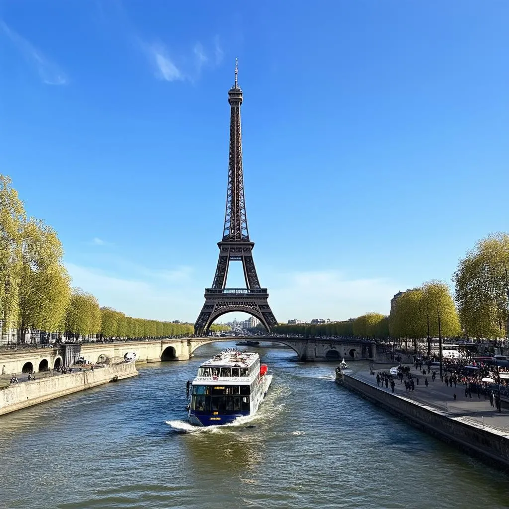 Eiffel Tower with a river cruise ship