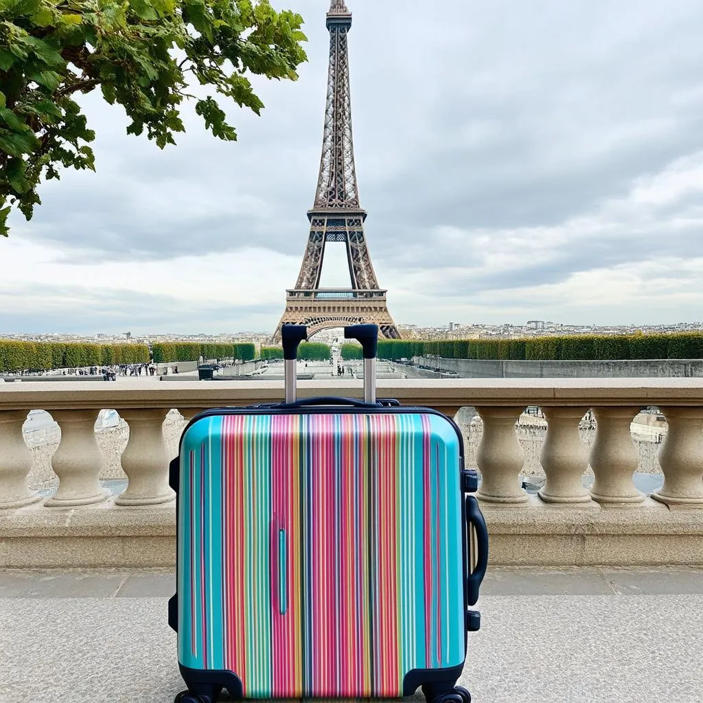 Eiffel Tower with a suitcase in the foreground 