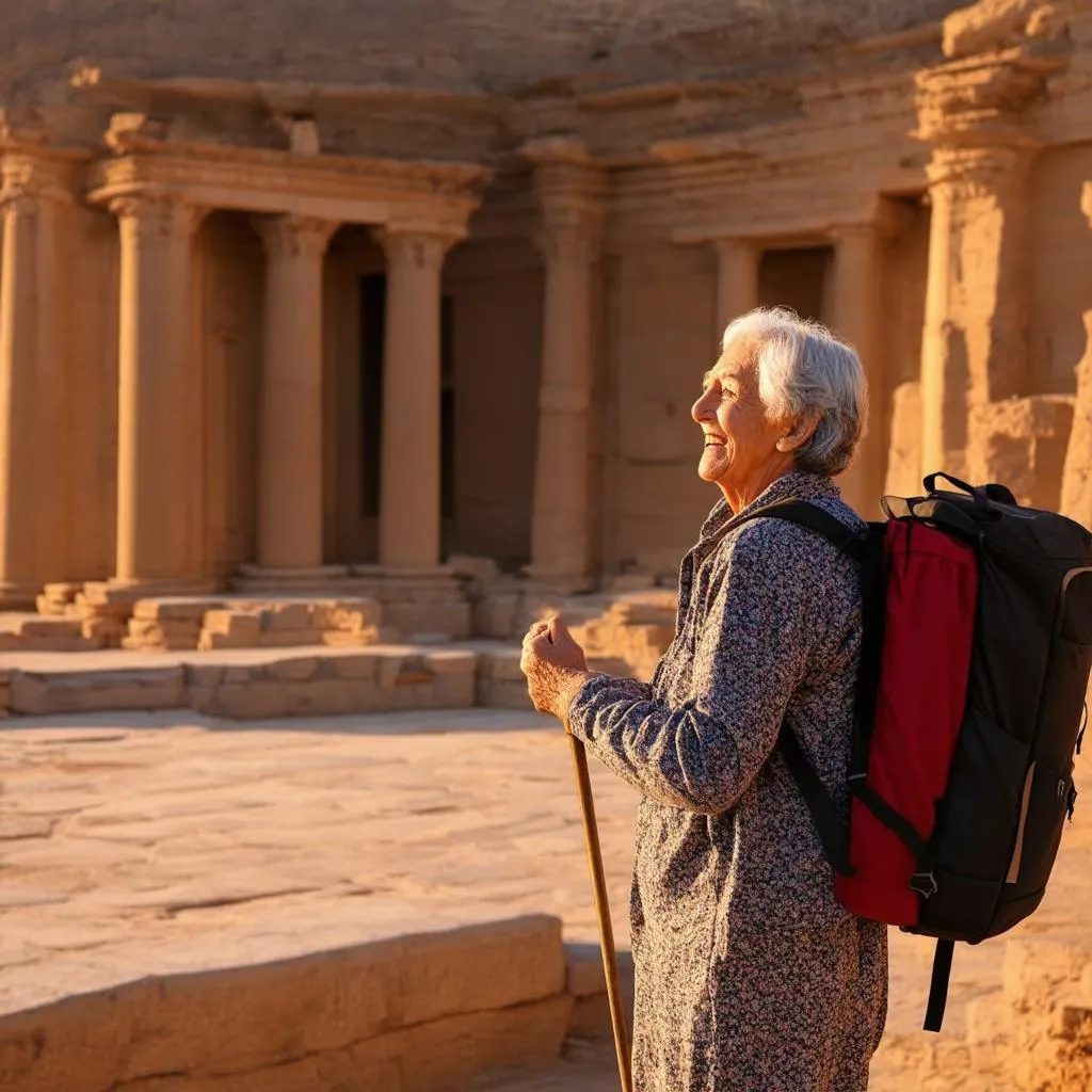 An elderly woman exploring ancient ruins