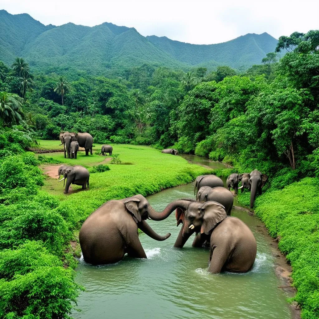 Elephants roaming freely in a lush green sanctuary with a river running through it.