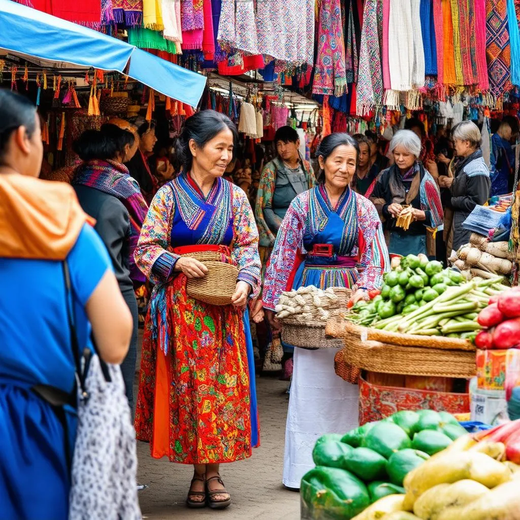 A vibrant ethnic market in Sapa with locals in traditional attire