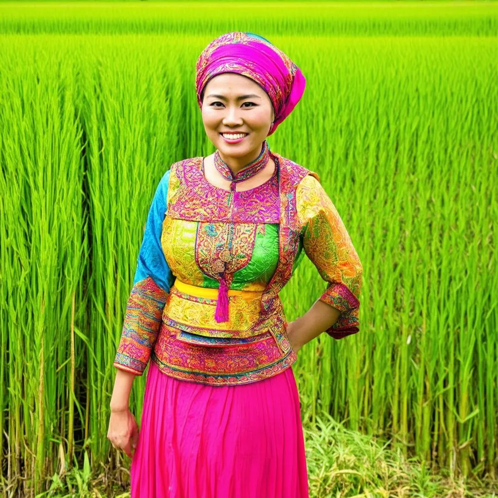 An ethnic minority woman in traditional clothing standing in front of a vibrant green rice paddy field.