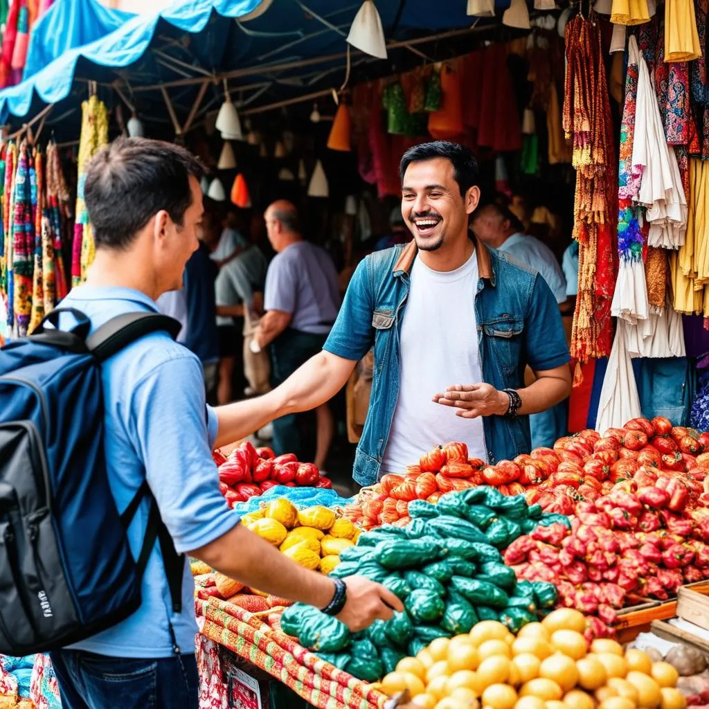 A European traveler smiling while interacting with a local vendor at a bustling outdoor market.