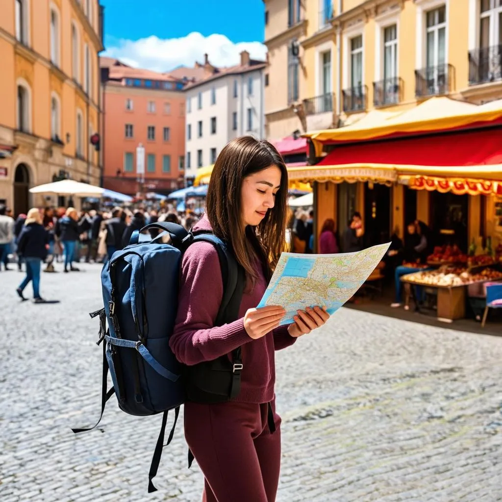 A European traveler with a backpack reading a map in a bustling European city square