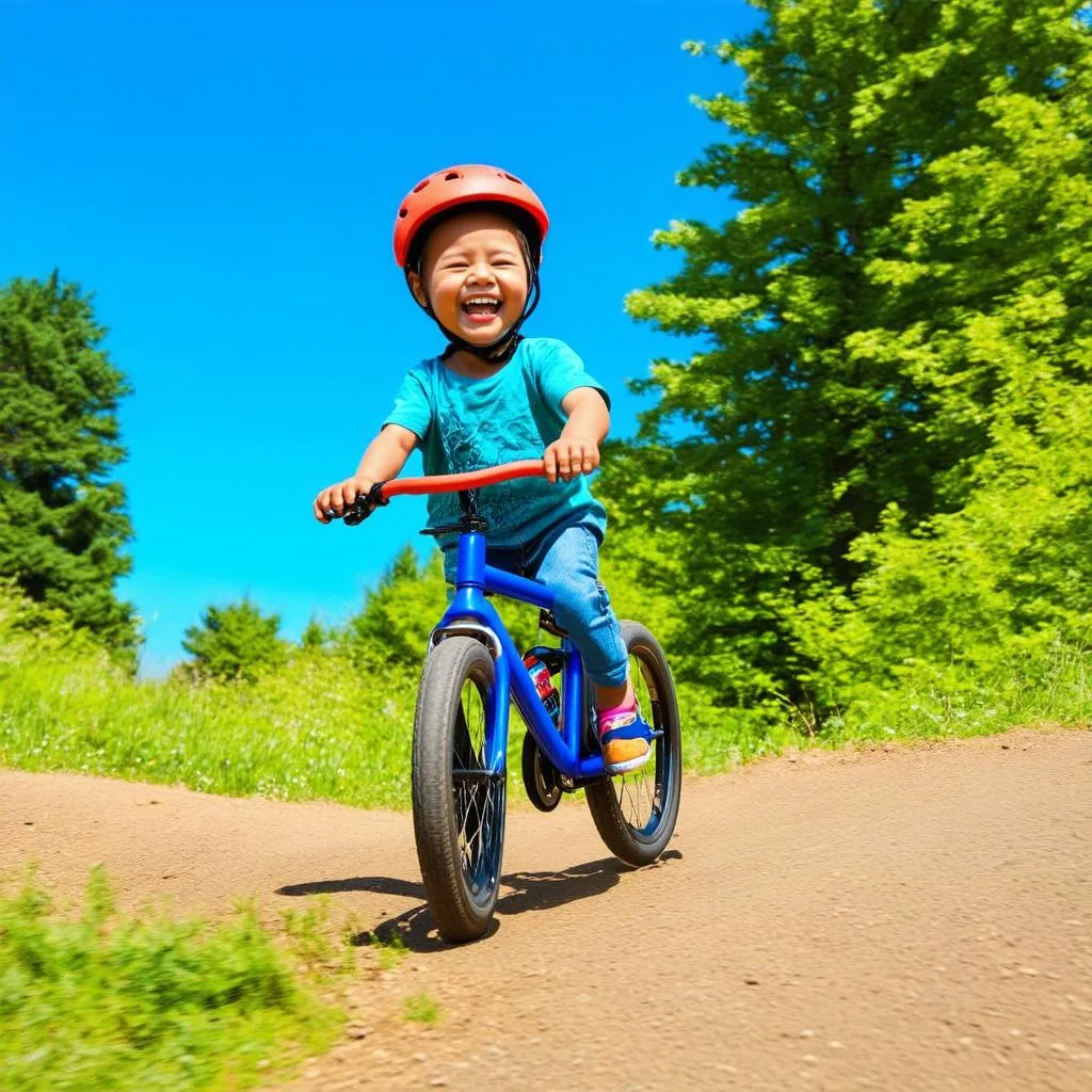 A child with a huge smile riding fast on a bike down a hill