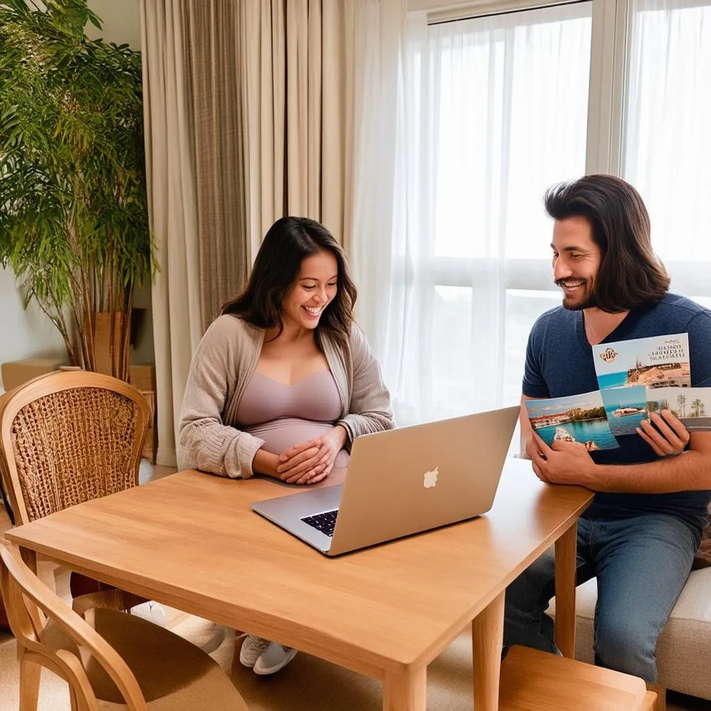 Smiling pregnant woman and her partner researching travel destinations