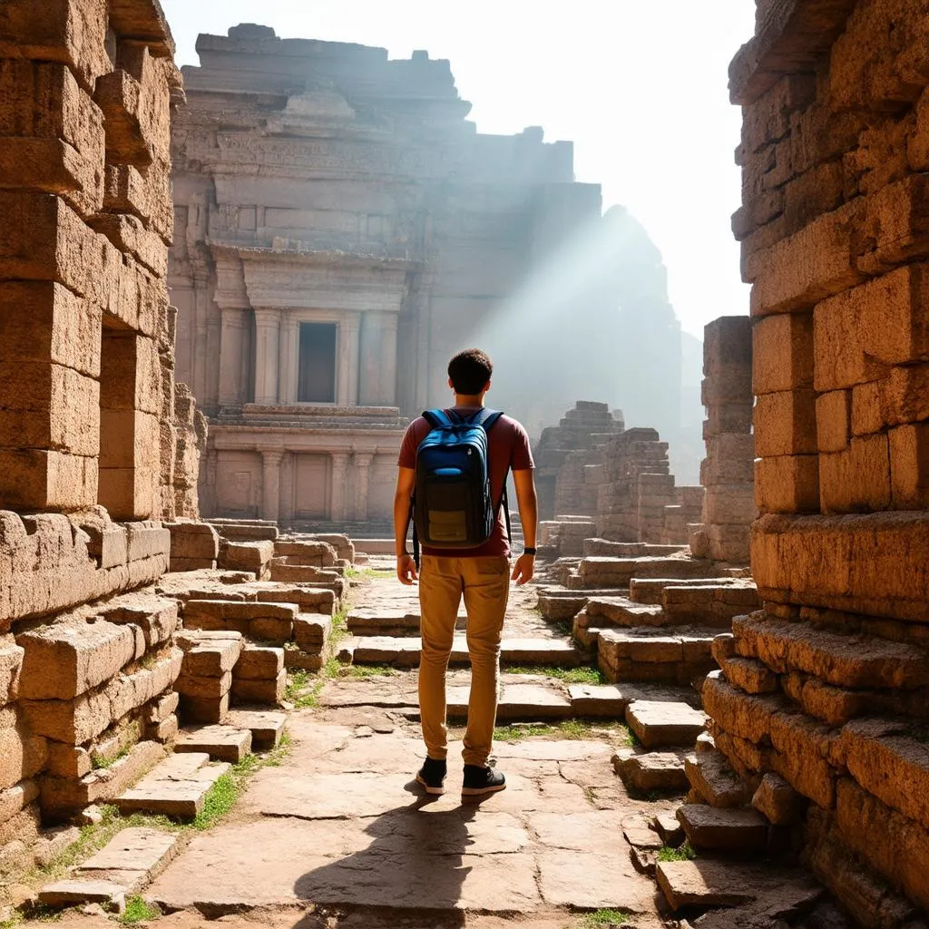 Traveler Exploring Ancient Ruins