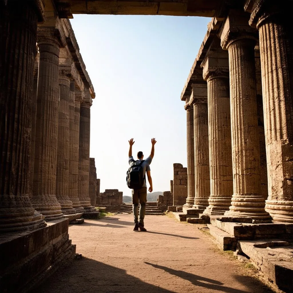 traveler exploring ancient ruins