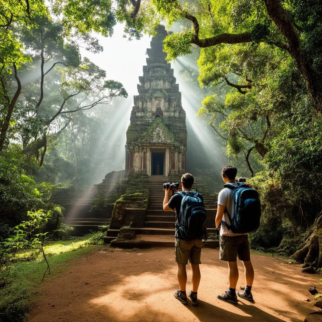 Backpackers discovering hidden temple