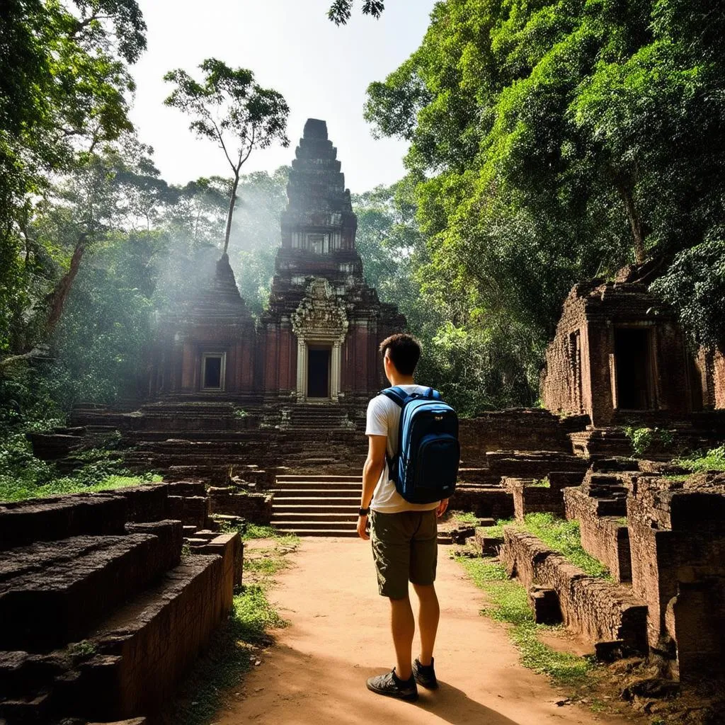 Backpacker exploring ancient temple ruins in the jungle