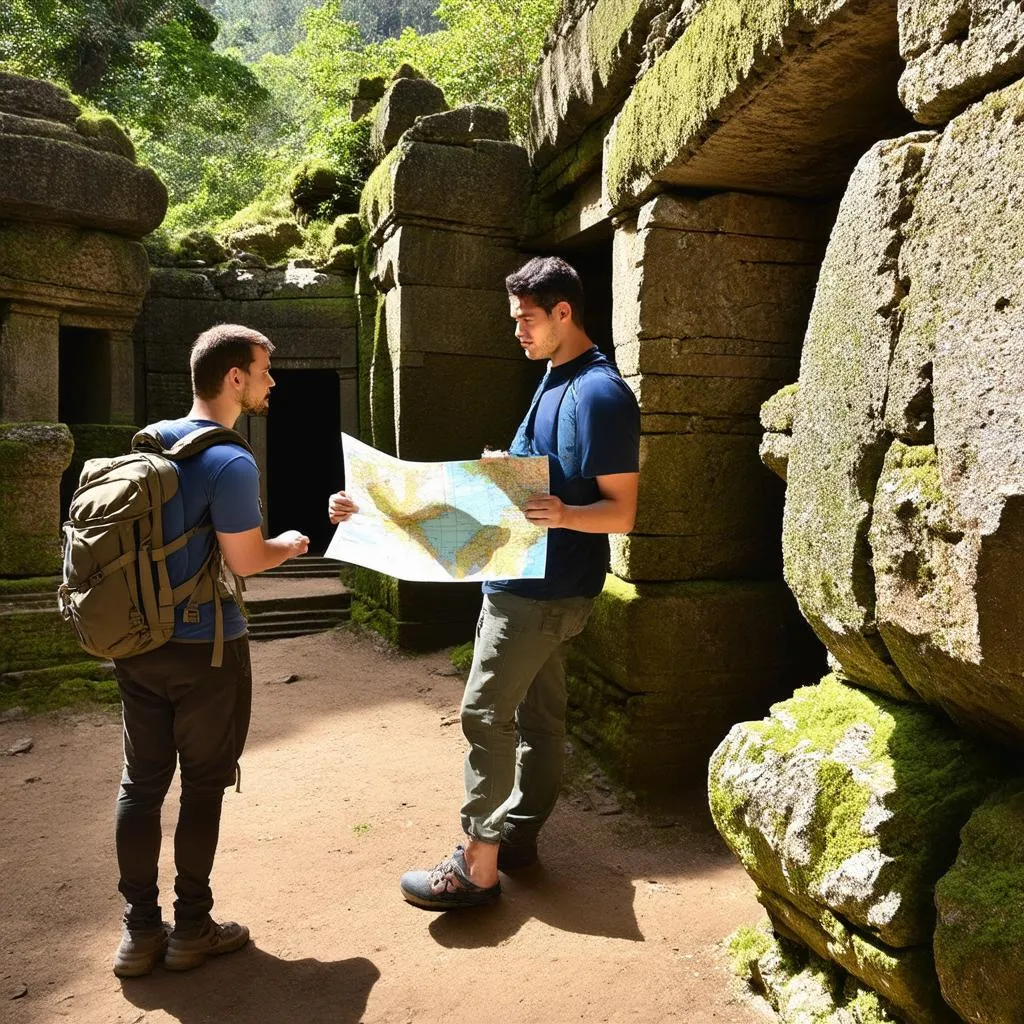 Backpacker at ancient ruins