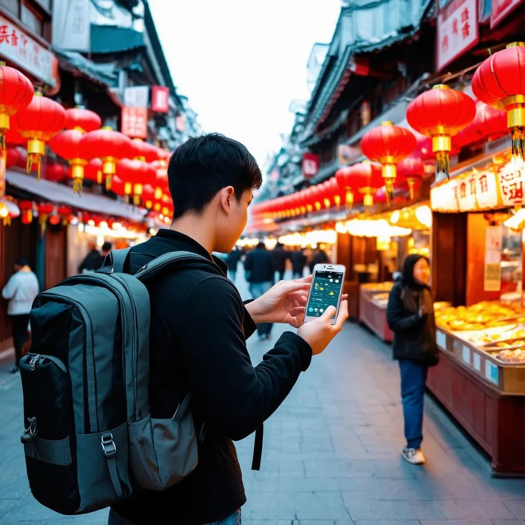 Young traveler using a smartphone app for navigation