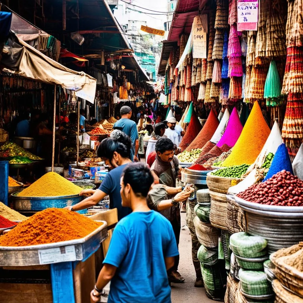 Tourists exploring a bustling local market