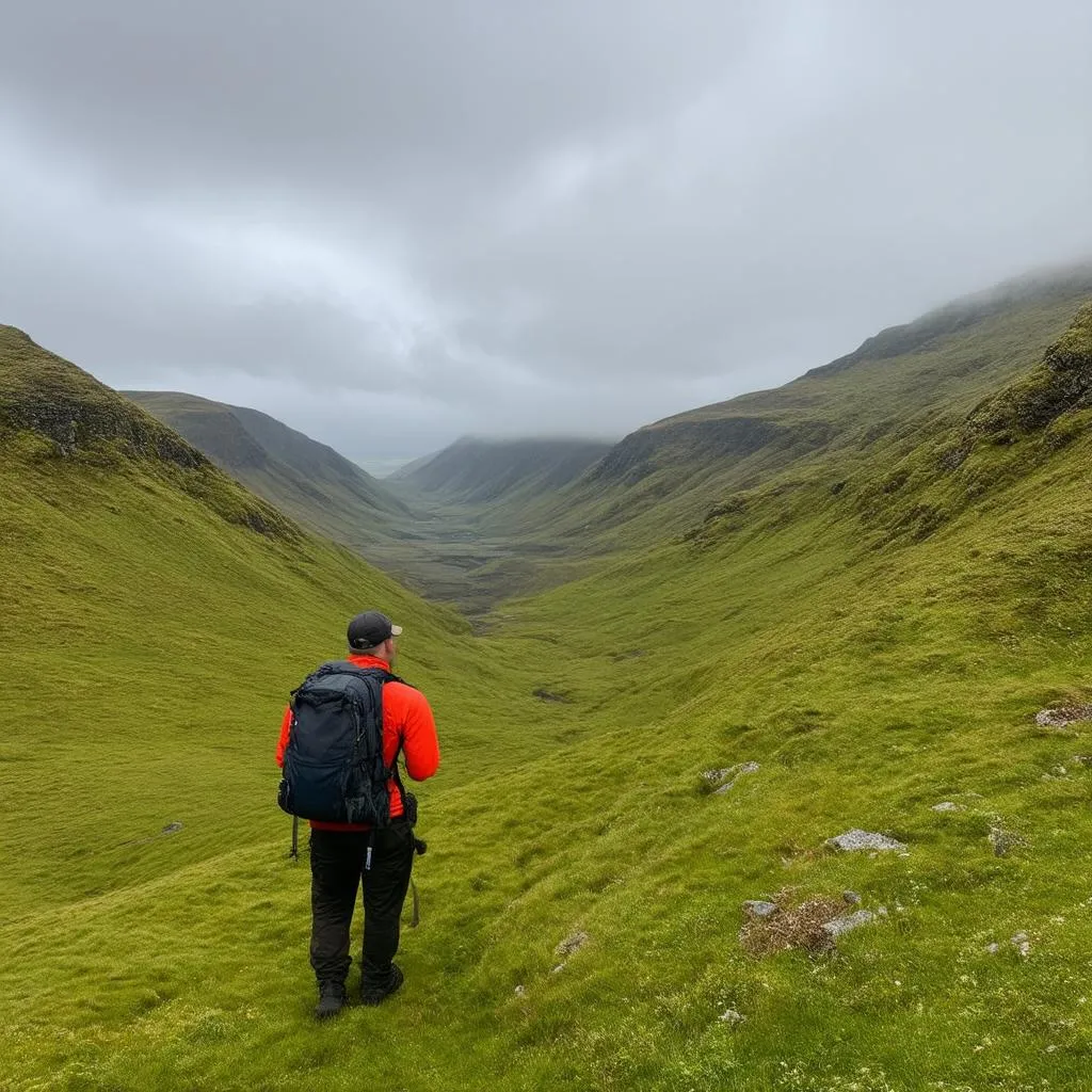 A traveler hiking in the Scottish Highlands 