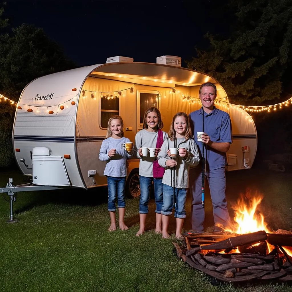 A family enjoying their a-frame camping trip