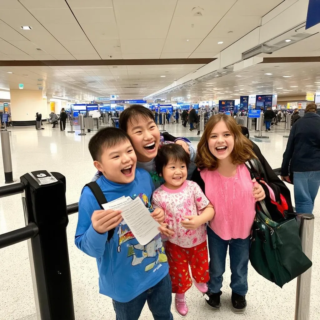 Family having fun in airport with scavenger hunt