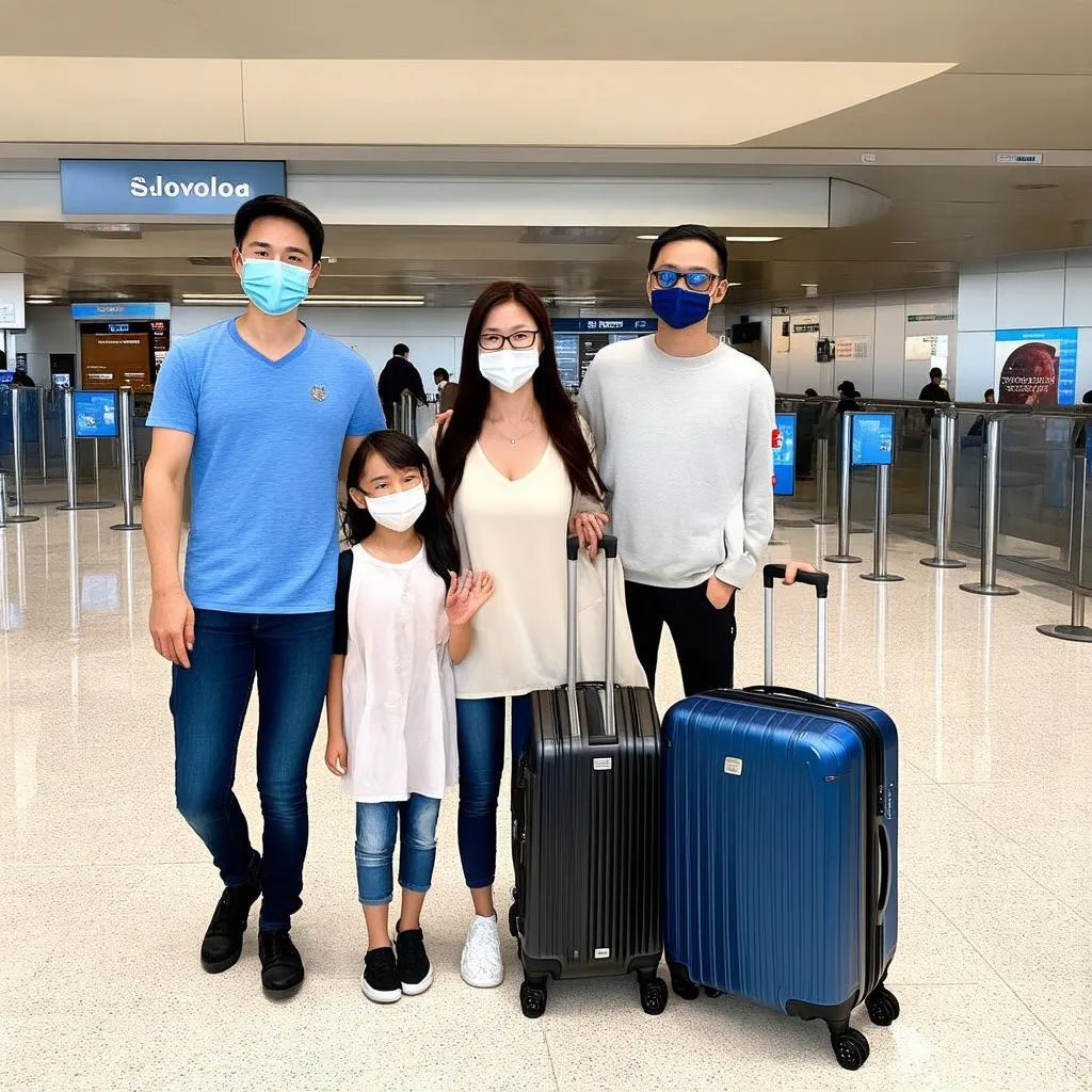 family wearing masks at the airport