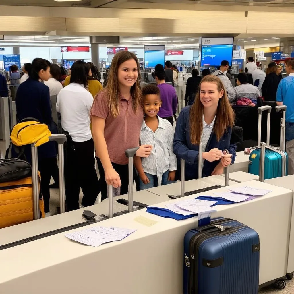 family at airport check-in counter