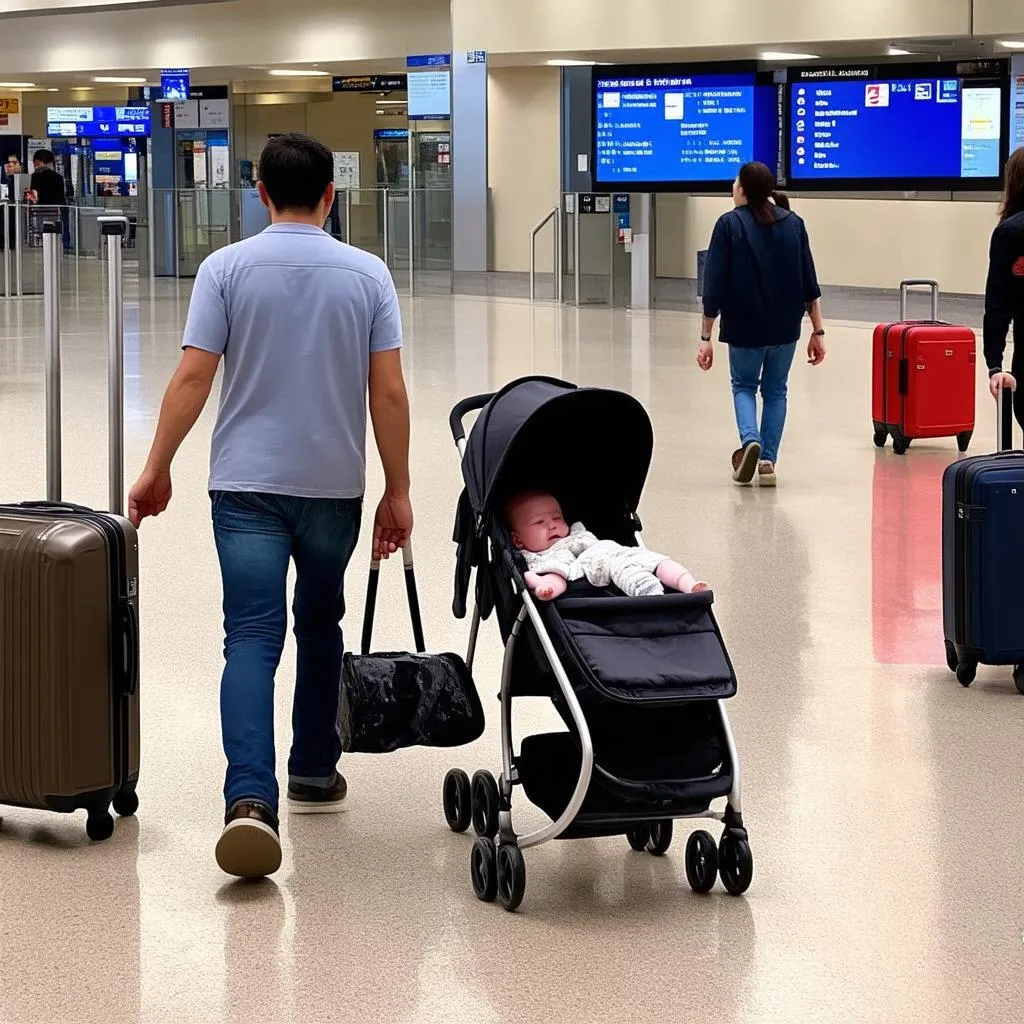 Family Navigating Busy Airport with Stroller