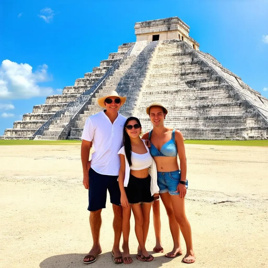 Family taking picture at Chichen Itza