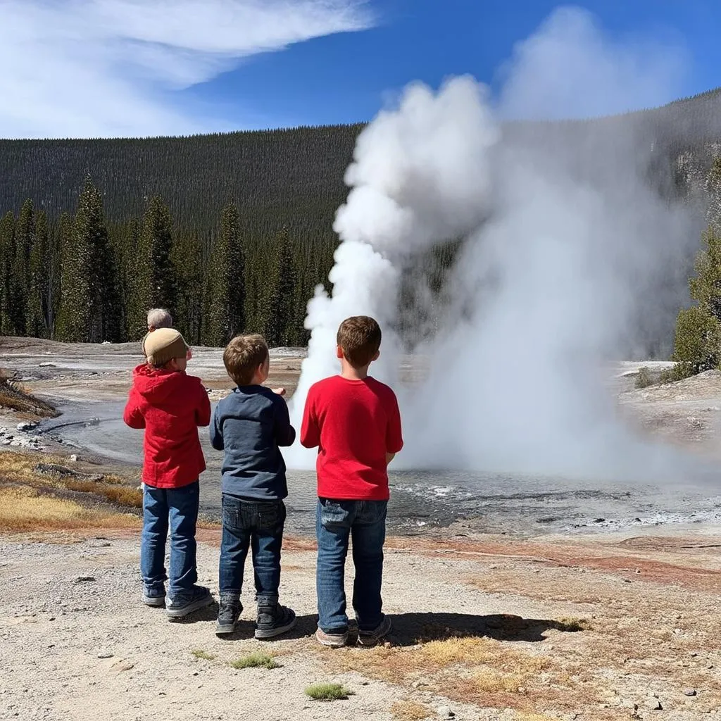 Family looking at a geyser in Yellowstone National Park