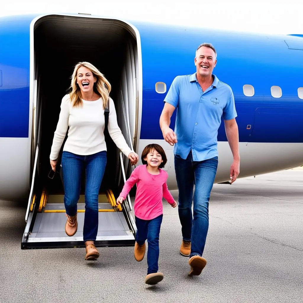 family boarding airplane