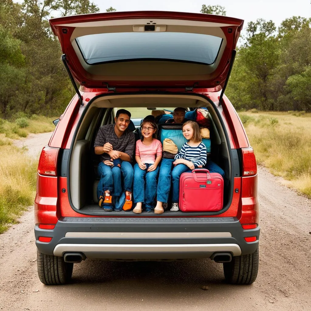 A family packs their car for a road trip